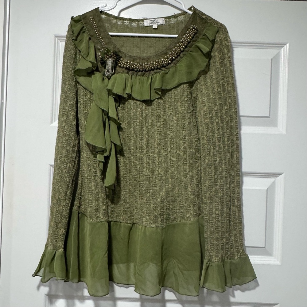 Olive Ruffle Boho Blouse - Picture 2 of 9